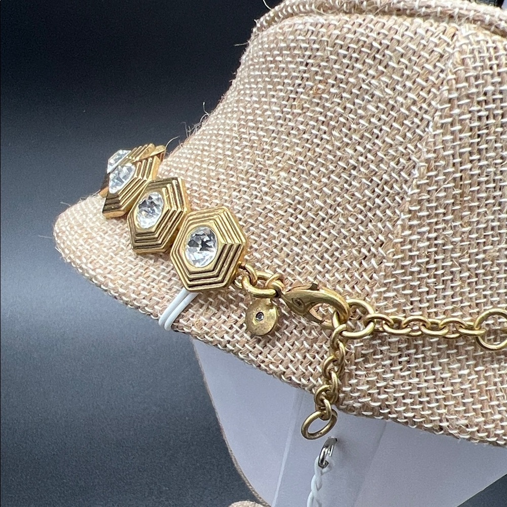 J. Crew Vintage Gold Tone Rivoli Rhinestone Hexagon Necklace 1990s - Picture 5 of 9